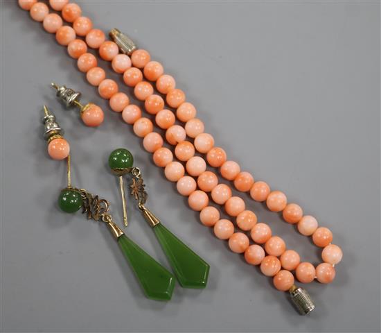 A pair of Chinese yellow metal and jade drop earrings and a coral style necklace and pair of ear studs.